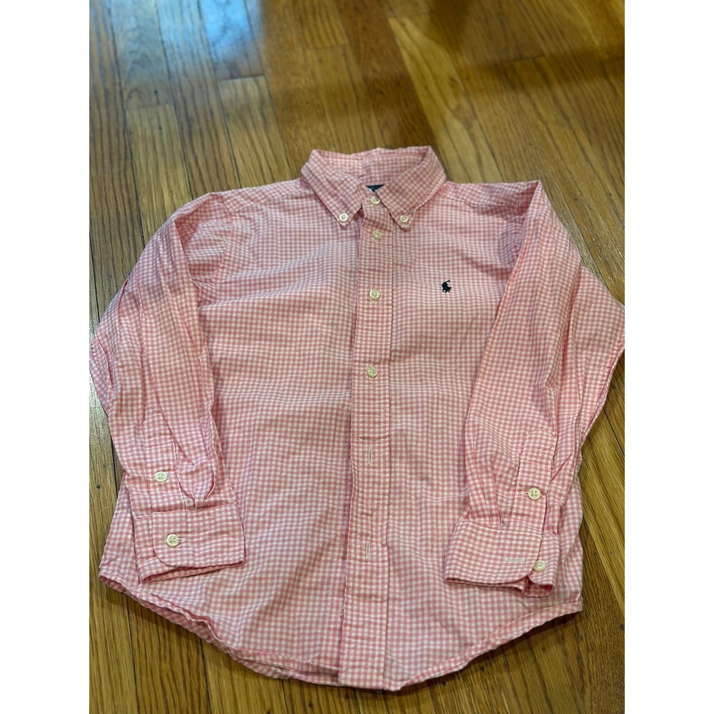 Ralph Lauren Boys Pink Gingham Button Down Shirt Size 6 Long Sleeve Pony Logo